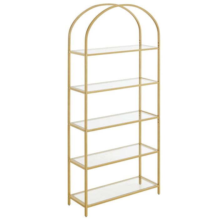Bibliothèque 5 niveaux étagère de rangement en verre trempé dessus arqué structure en métal pour Bibliothèque 5 niveaux étagère de rangement en verre trempé dessus arqué structure en métal pour