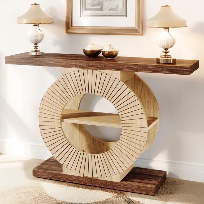Table console Base ronde - 100×30×80 cm - Avec étagères - Convient pour le salon derrière le canapé lentrée le couloir