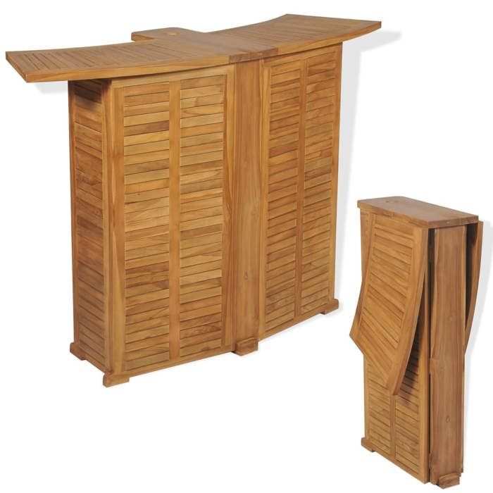 Table pliable de bar - vidaXL - Bois de teck - Trou de parasol - Étagères amovibles
