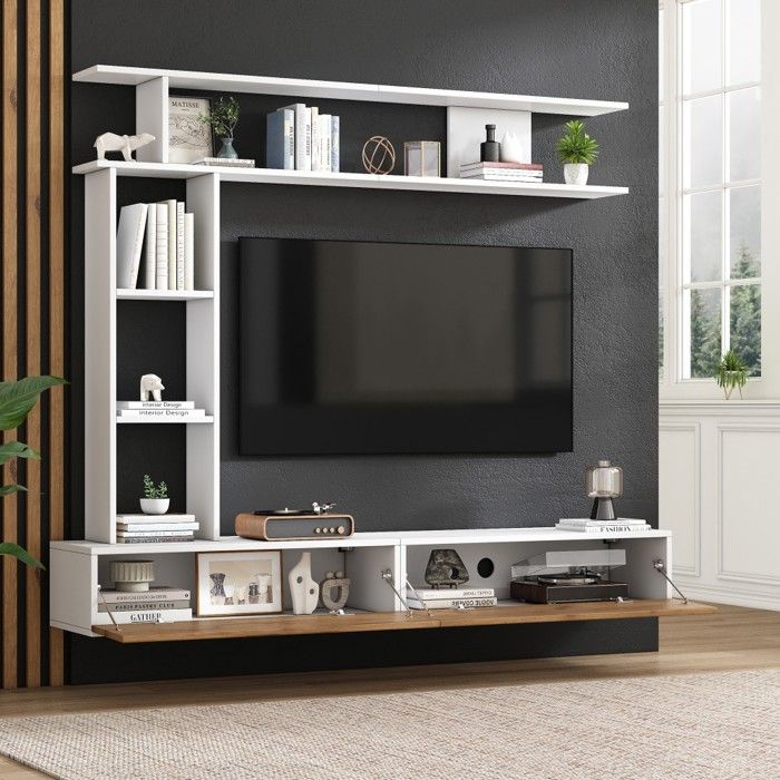 Ensemble meuble TV mural 180x35x22.5cm blanc/bois avec vitrines support TV 80 étagère sur pied et murale Ensemble meuble TV mural 180x35x22.5cm blanc/bois avec vitrines support TV 80 étagère sur pied et murale