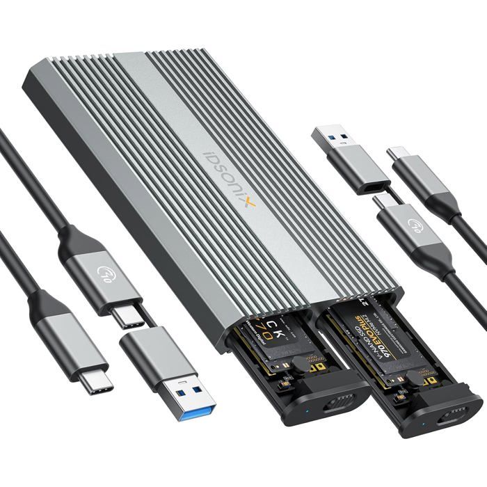 Station D'accueil Double Baie SSD M.2 NVMe/SATA - USB-C 10 Gbit/s - Compatible 2230/42/60/80/110 - Alimentation 12V Incluse - 8