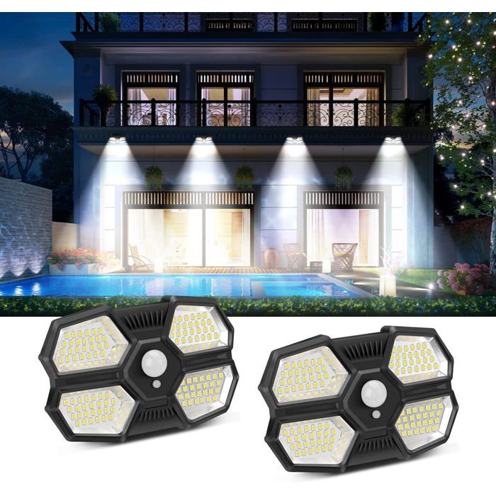 Lampe Solaire Extérieur Projecteur LED Exterieur Detecteur de Mouvement 108 LED IP65 Étanche pour Garage Jardin Clôture - 2pcs