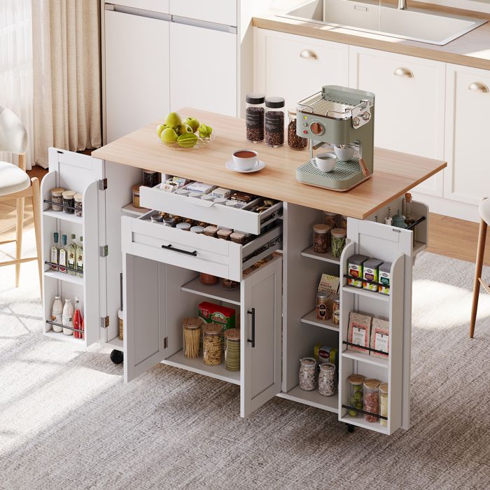 Îlot de cuisine mobile - 120×45 cm - Extensible jusquà 70 cm - Tiroir à couverts caché - Étagères réglables