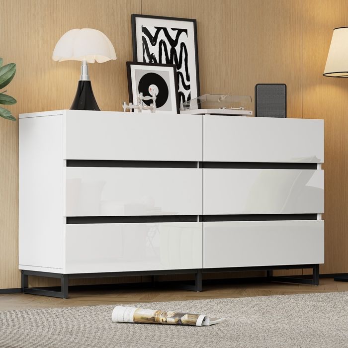 Buffet - armoire de salon à 6 tiroirs - commode brillante - armoire à 3 pieds en métal - blanc