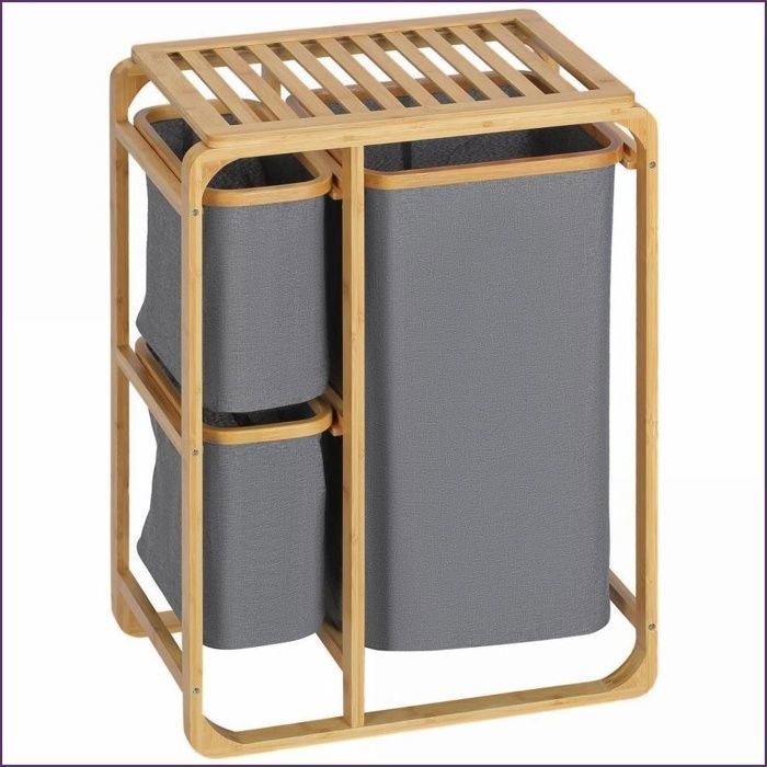 Panier à linge - plateforme bambou 3 sacs amovibles trieur à linge – Gris/Naturel