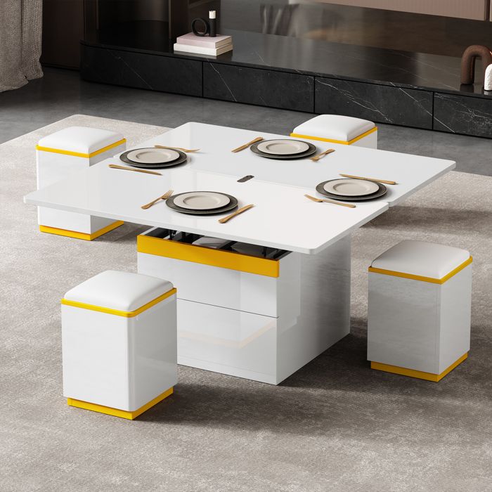 Table basse blanche brillante réglable en hauteur - Transformable en table à manger multifonctionnelle et design pour salon