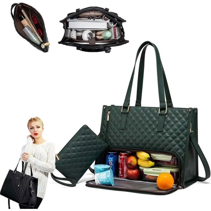2 en 1 Sac Repas isotherme avec compartiment déjeuner Sac Ordinateur 15 6 pouces étanche pour Travail Bureau Voyage (Vert Foncé)