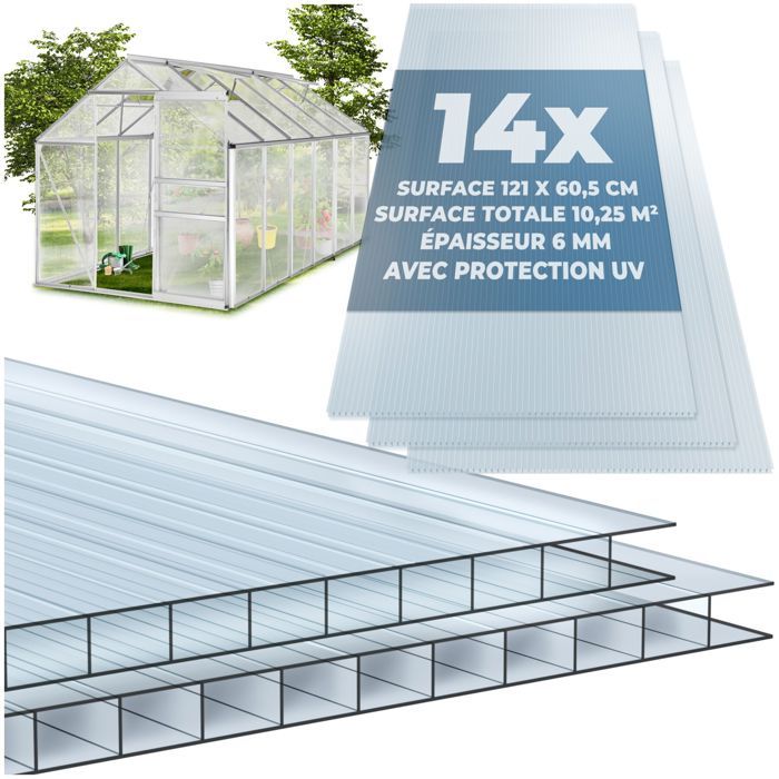 Parois découpables - TECTAKE - Lot de 14 plaques SHINY doubles paroi en polycarbonate résistant 121 x 605 x 06 cm - Transparent