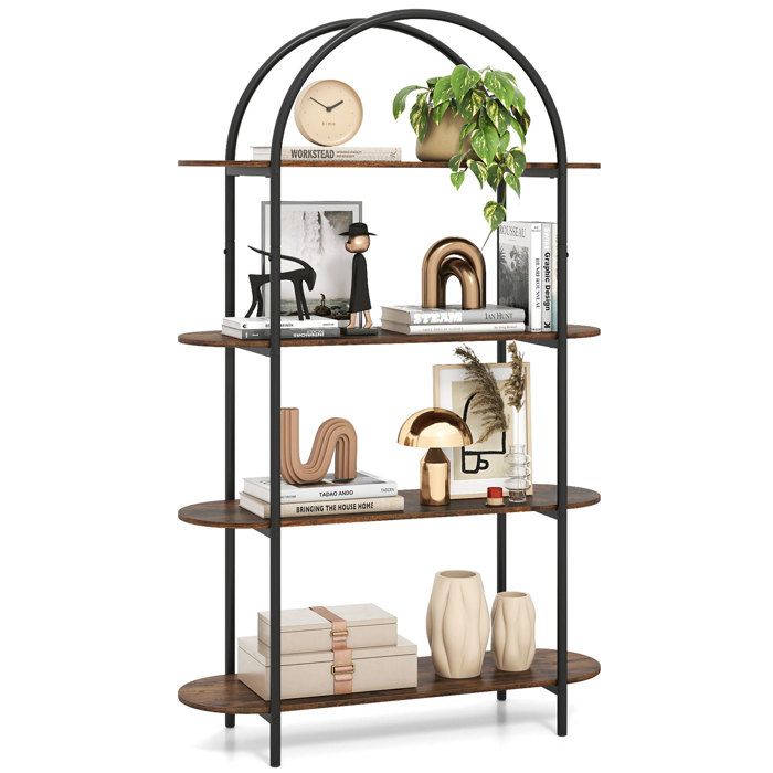 GIANTEX Étagère de Rangement Arquée à 4 Niveaux Bibliothèque avec Étagères Ouvertes et Cadre Métallique 95 x 34 x 156 cm Marron