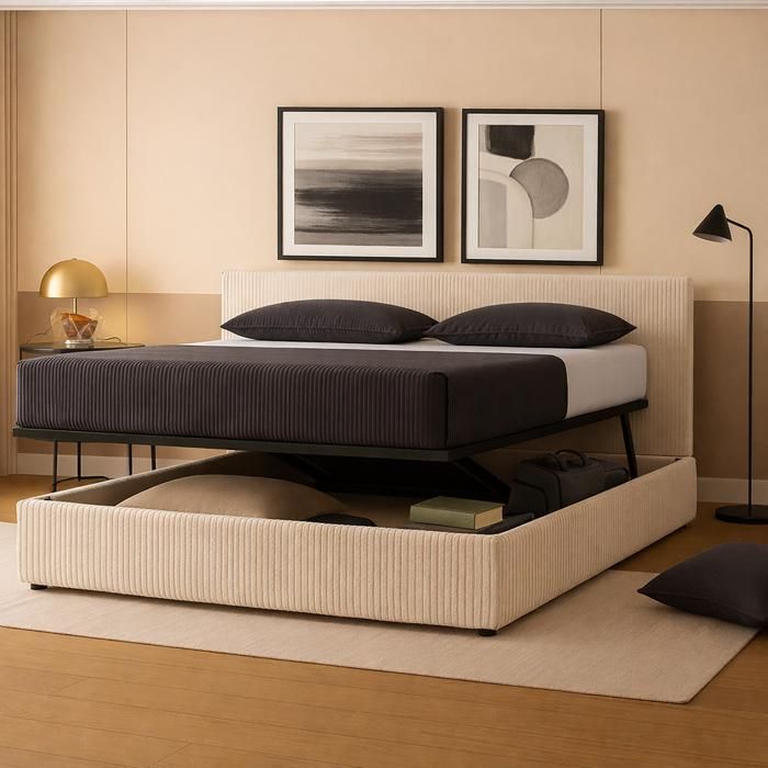 Lit coffre avec tête de lit - SAMPUR - 90x190 cm - Velours côtelé beige - Sommier à lattes - Ouverture horizontale ergonomique Lit coffre avec tête de lit - SAMPUR - 90x190 cm - Velours côtelé beige - Sommier à lattes - Ouverture horizontale ergonomique