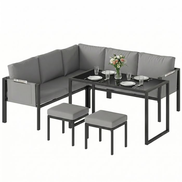 Salon de jardin - Outsunny - 6 pièces canapé dangle extérieur avec coussins 10cm table haute et 2 repose-pieds - gris