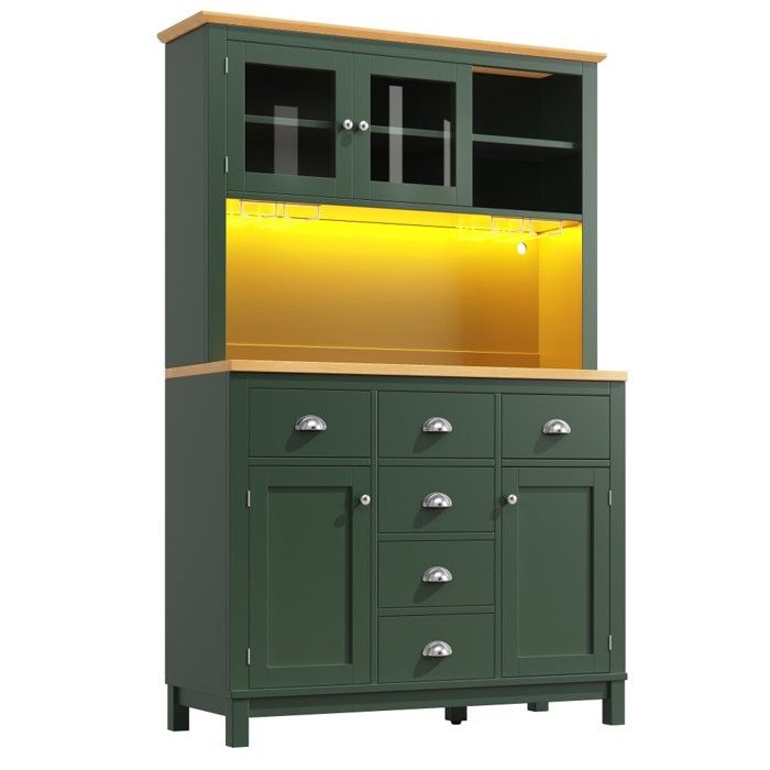 Buffet cuisine vert campagnard 120x40x188cm - 4 portes éclairage LED porte-gobelets meuble de rangement