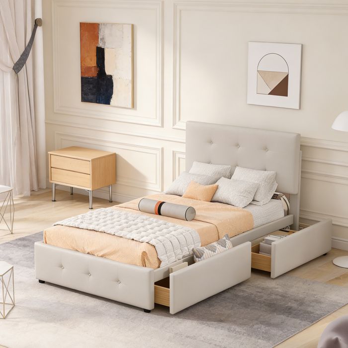 Lit simple - NEXU - 90 x 200 cm - Velours beige - Avec sommier et 2 tiroirs