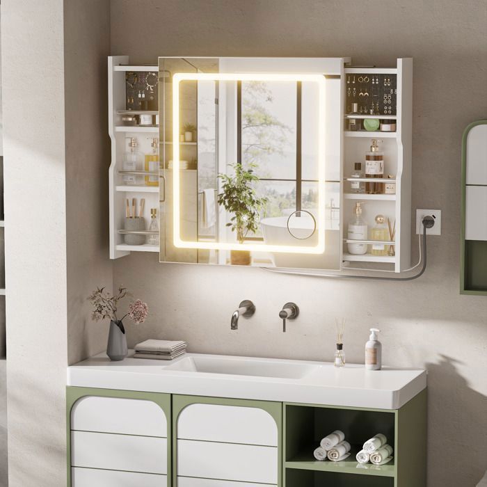 Armoire miroir LED antibuée 60cm - 3 niveaux de rangement - 3 couleurs - Capteur gestuel - Loupe - Prise