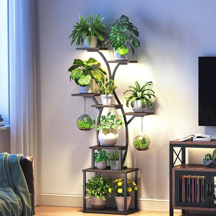 Support pour plantes avec lampes de croissance - ZRSE - 150 cm - 8 niveaux - Marron foncé - Métal - Bois rustique