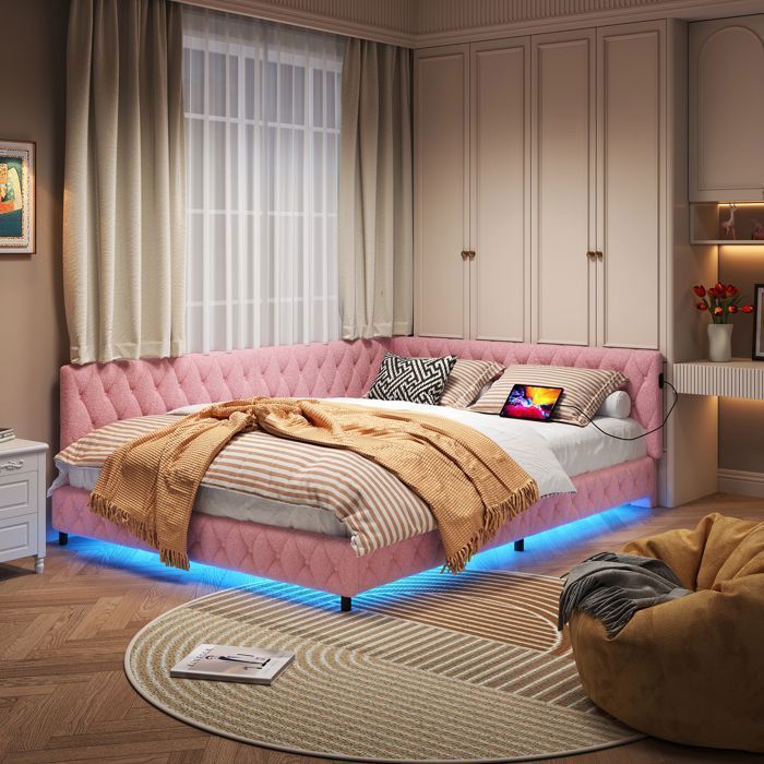 Canapé-Lit 140x200 cm en Velours Rose avec LED USB/Type-C Dossier Rembourré et Sommier à Lattes Lit banquette 2 places