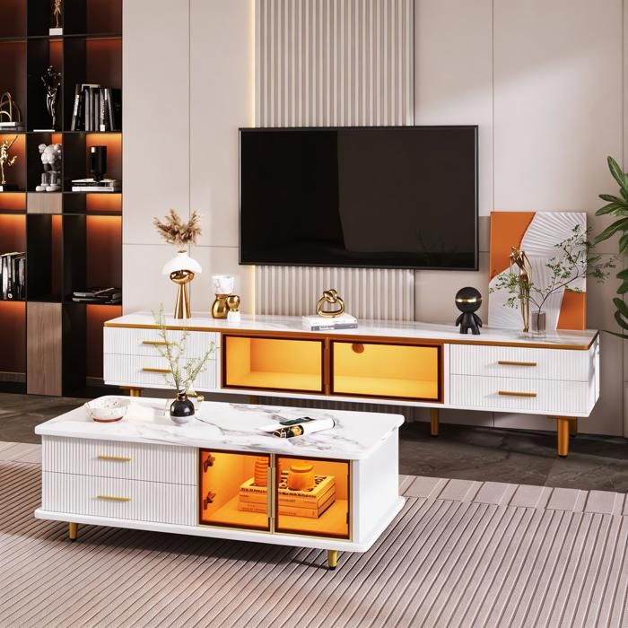 Table basse TV modulaire - Meuble TV + Table Basse - Verre trempé tiroirs ondulés - Effet marbre blanc - Bande LED