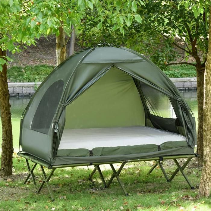 Lit de camp surélevé avec tente dôme et matelas pneumatique comprenant une pompe en taffetas vert 193 x 136 x 178 cm