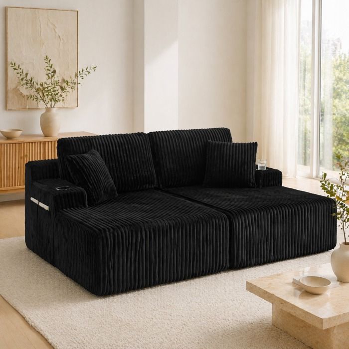 Canapé convertible 2 places EVRYAE 186 x 154 x 78 cm tissu côtelé noir poche latérale et porte-gobelet