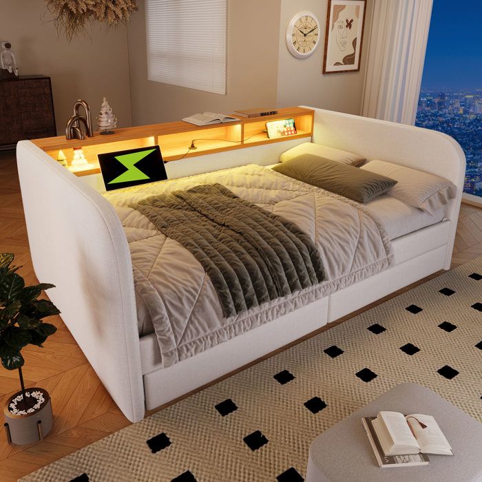 Lit banquette - KOMHTOM - Lit banquette 140 x 190 cm en lin - LED intégrée - 2 tiroirs + rangement tête de lit - USB/USB-C Lit banquette - KOMHTOM - Lit banquette 140 x 190 cm en lin - LED intégrée - 2 tiroirs + rangement tête de lit - USB/USB-C