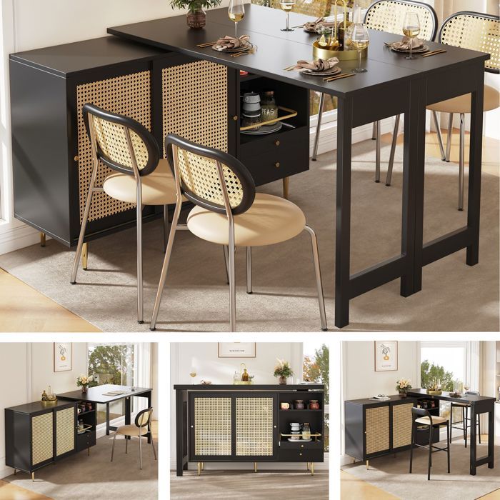 Buffet bas - SOGEU - 110x40x70 - Plateau pivotant 360° extensible - Portes rotin - Pieds métal doré