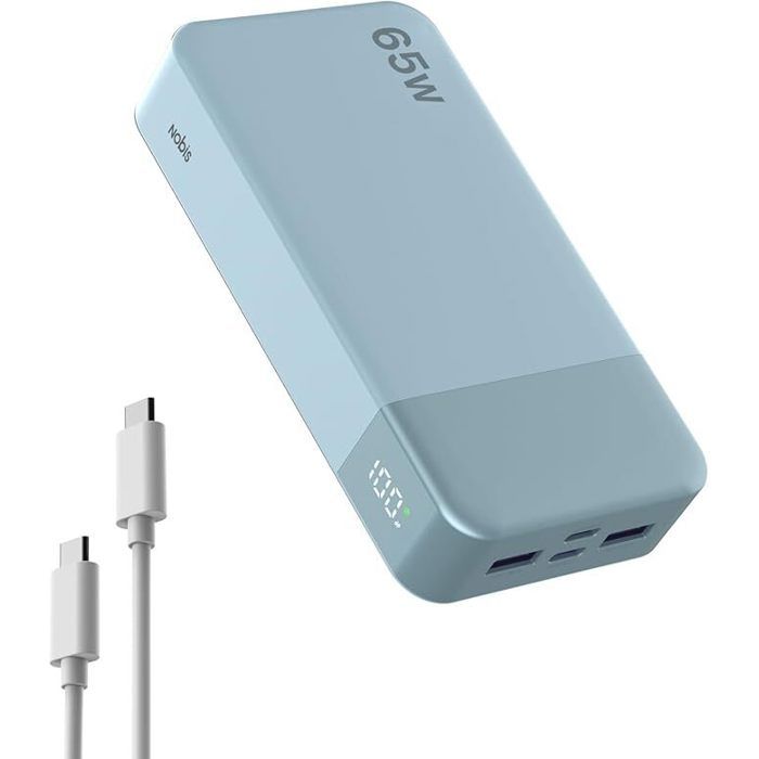 Batterie Externe NOBIS 20000mAh 65W Power Bank Double USB-C PD 3.0 Charge Rapide 4 Ports Simultanés pour Téléphone (Bleu)