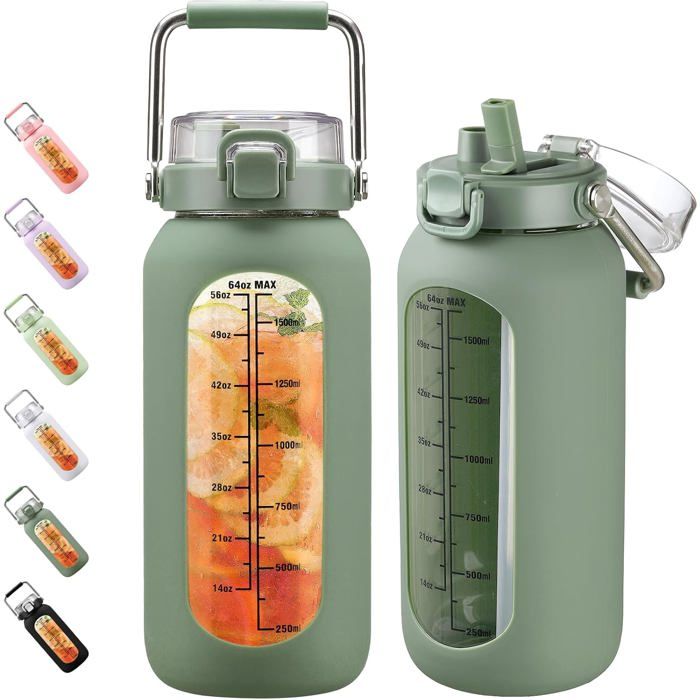 2000ml Gourde en Verre avec Poignée en Inox et Marqueur de Temps Verre de Motivation 2L avec Manchon en Silicone et Paille