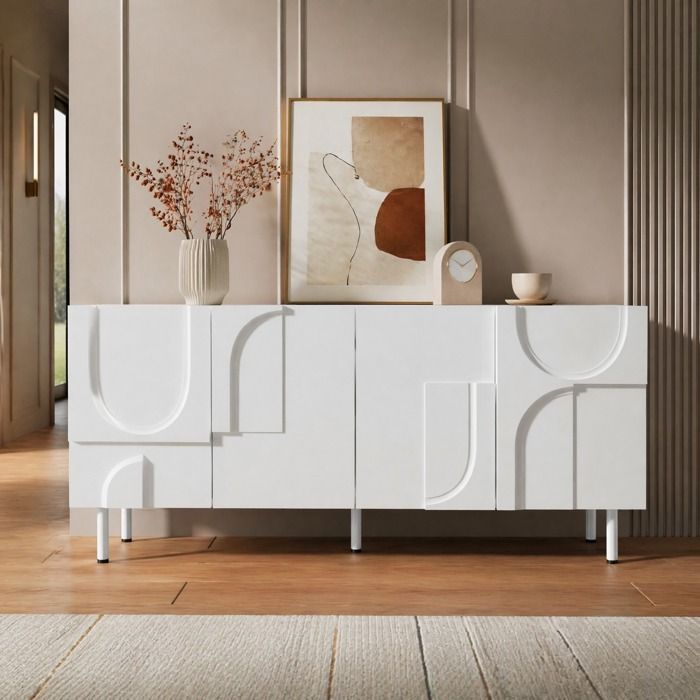 Buffet bas design géométrique 4 portes fermeture silencieuse - ELVMI - pieds métal blanc MDF 160 cm