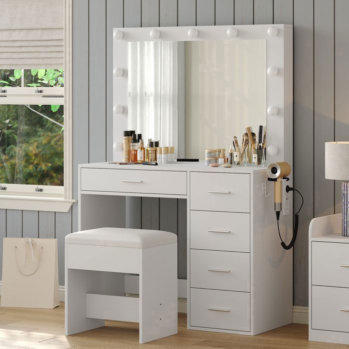 Coiffeuse aavec Miroir LED 11 Lumières 5 Tiroirs 3 Modes D’Éclairage Tabouret Inclus Blanc 94 cm