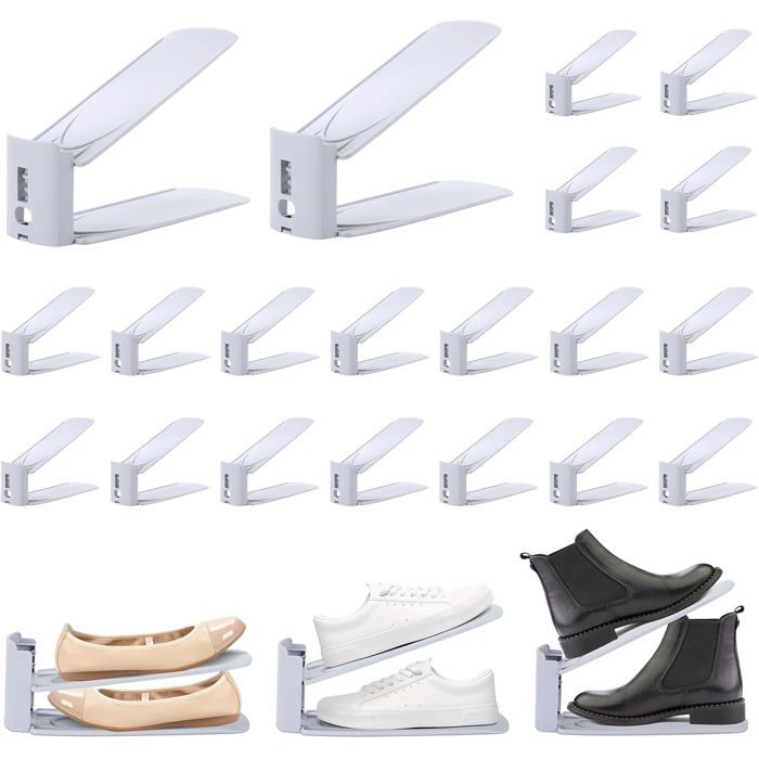 20Pcs Support Chaussures Gain de Place Rangement Chaussure Réglable à 3 Niveaux Organisateur Chaussures Antidérapant