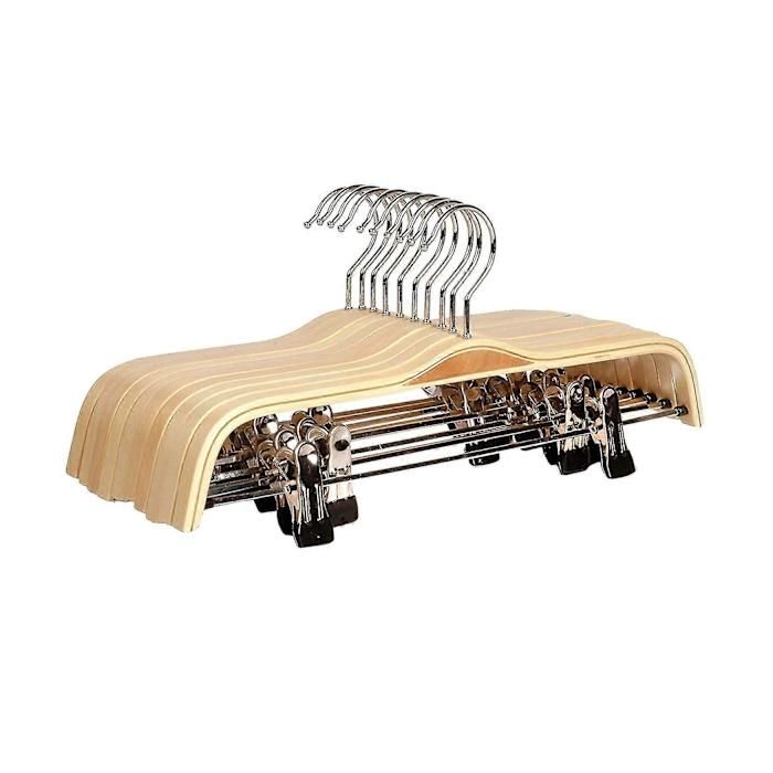Lot de 10 cintres en bois pour pantalons et jupes 37 cm pinces réglables antidérapantes clips inox
