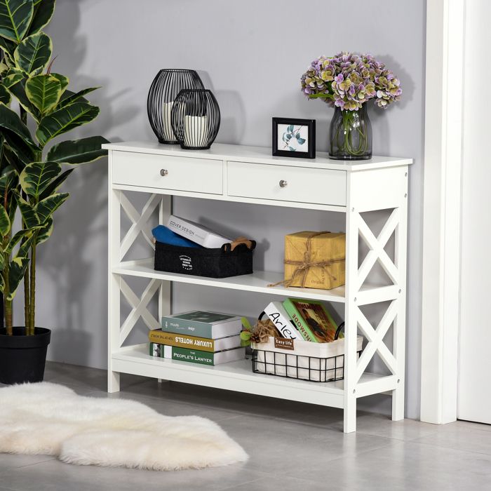 Console d’entrée 100 x 305 x 80 cm blanche 2 tiroirs 2 étagères inférieures base surélevée anti-basculement