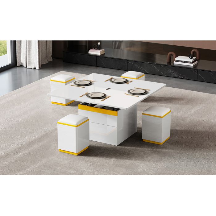 Table basse relevable et rabattable avec rangement 4 tabourets inclus MDF blanc et jaune 100 x 50 x 43 cm