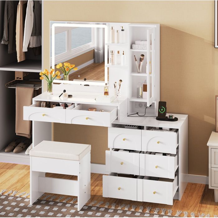 Coiffeuse blanche 131 5 x 40 x 140 cm avec miroir LED 8 tiroirs armoire vitrée prises USB et tabouret