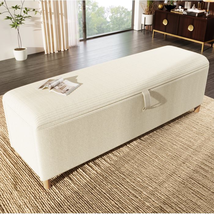 MEUBLIV Banquette coffre 145 x 38 x 46 cm avec rangement hydraulique velours côtelé beige et pieds en bois massif