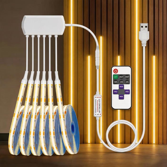 6 Pcs 1M Chaud Blanc Cob Led Bande Kit 5V Usb Cob Led Bande De Lumière Avec Télécommande Pour Le Panneau Acoustique Étagères[CA73]