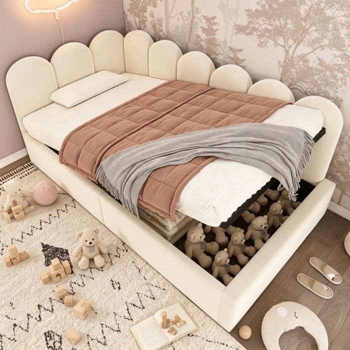 Lit de jour 90×200 cm - URTR - tissu velours - sommier à lattes métalliques - lit coffre rembourré - sans matelas - beige