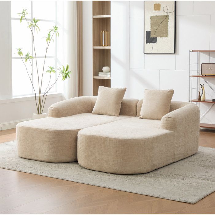 Canapé modulable compressé 2 places en chenille Light Khaki mousse 30D livré monté avec chaise longue