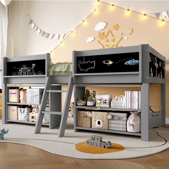 Lit mi-hauteur enfant 90×200 cm avec étagères barrière et échelle - ELVMI - sans matelas pin et MDF gris