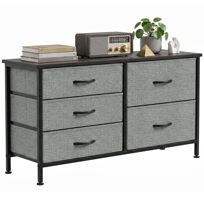 CollaHausse Commode 5 Tiroirs en Tissu Gris Foncé et Noir avec Cadre en Acier