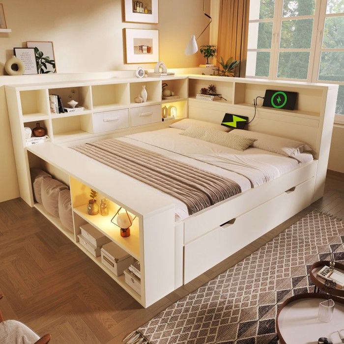Lit double canapé coffre bois blanc 140x200cm lit gigogne 8 rangements ports USB Type-C gain de place sans matelas Lit double canapé coffre bois blanc 140x200cm lit gigogne 8 rangements ports USB Type-C gain de place sans matelas