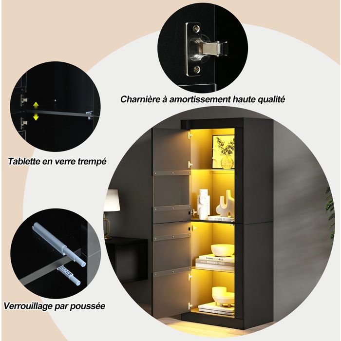 ULEVR Vitrine noire LED 61 x 42 x 162 cm 2 portes 3 étagères en verre armoire haute sur pied