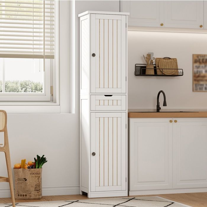ULEVR Meuble colonne de cuisine blanc en MDF 170 x 40 x 30 cm 2 portes 1 tiroir étagères réglables