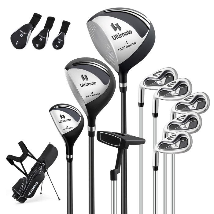 Ensemble de golf gaucher homme avec sac noir 3 bois 5 fers putter pochettes zippées et béquille pour parcours et entraînement