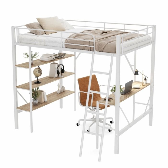 ELVORIN Lit mezzanine 90 x 200 cm avec bureau intégré et 3 étagères structure en métal et MDF échelle fixe garde-corps blanc