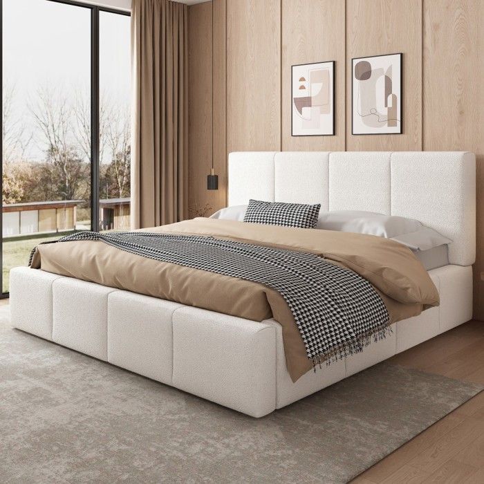 Lit Double Capitonné Bouclé Beige 180x200-Sommier Lattes-Tête Capitonnée-Sans Matelas-Confort-Grand Espace-Chambre-Élégant-Doux