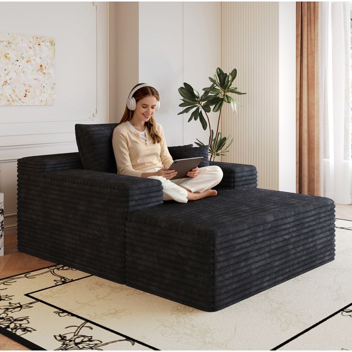 Canapé compressé 1 place méridienne modulable sans montage - BEAUNIV - assise profonde mousse velours côtelé noir
