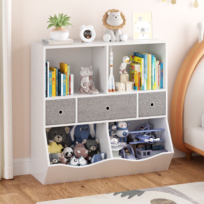 Koioplie Bibliothèque enfant et meuble rangement jouets 3 tiroirs amovibles étagère 7 casiers pour chambre salle de jeux Blanc