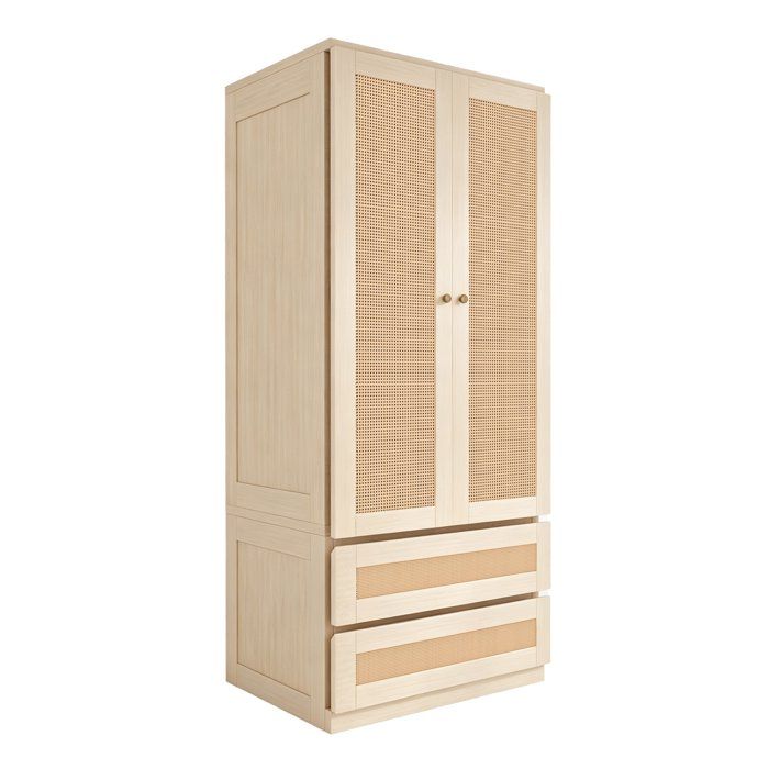 Armoire rectangulaire à deux portes avec tiroirs et étagères portes en rotin synthétique couleur bois 70 × 55 × 170 cm