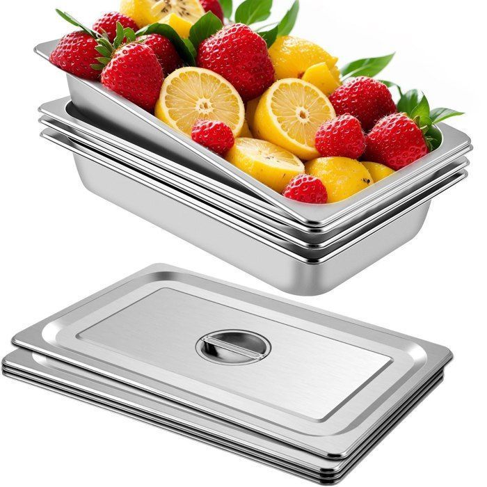 Lot de 4 plats à four inox 53x33cm - bacs avec couvercle capacité 52L effet miroir pour aliments chauds/froids restaurant grillade